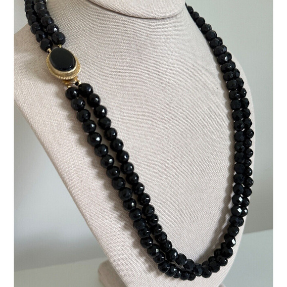 Antique Vintage Black Jet Faceted Bead Double Strand Long Statement Necklace 30